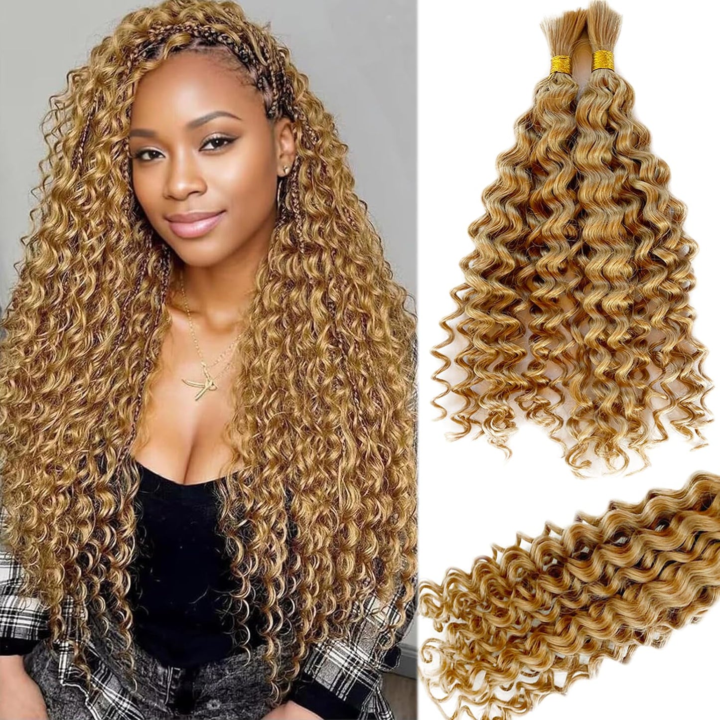 Deep Water Wave Bulk Human Braiding Hair #27 Honey Blonde Curly Braiding Hair for Boho Braids 18 Inch 100G 2 Bundles No Weft Wet and Wavy Brazilian Virgin Human Hair Extensions for Black Women
