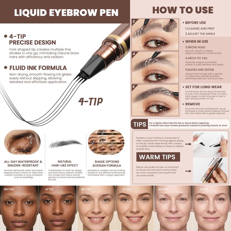 2 Pack 4-Tip Microblading Eyebrow Pen with 2 Brow Brushes, Waterproof Vegan Formula Eyebrow Pencils for Women to Effortlessly Create Natural Hair-Like Strokes, All-Day Wear (Dark Brown)