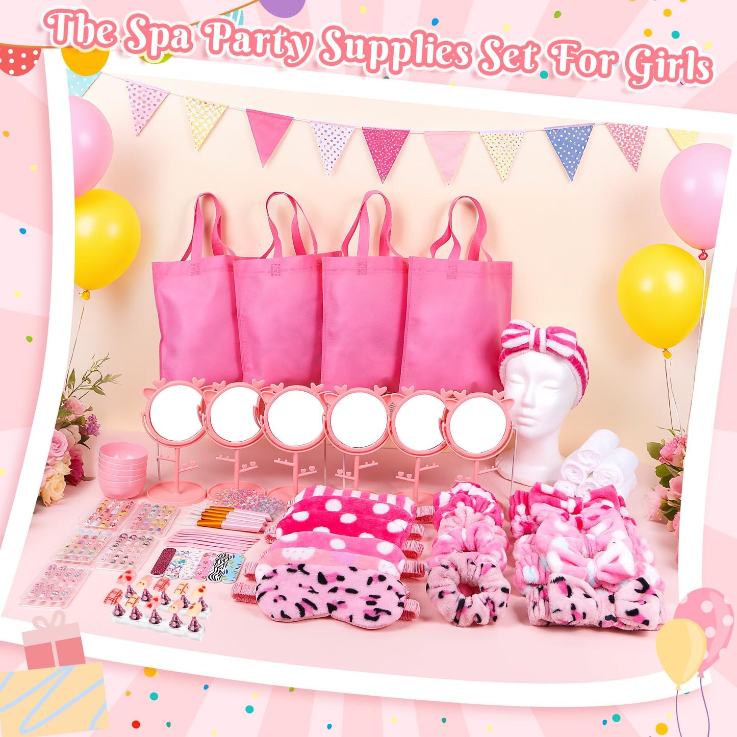 Guifizeiom 76Pcs Sleepover Party Supplies Slumber Spa Parties Kit for Girls Women, Headbands, Eye Mask, Towels, Scrunchies & Nail Supplies(Pink)
