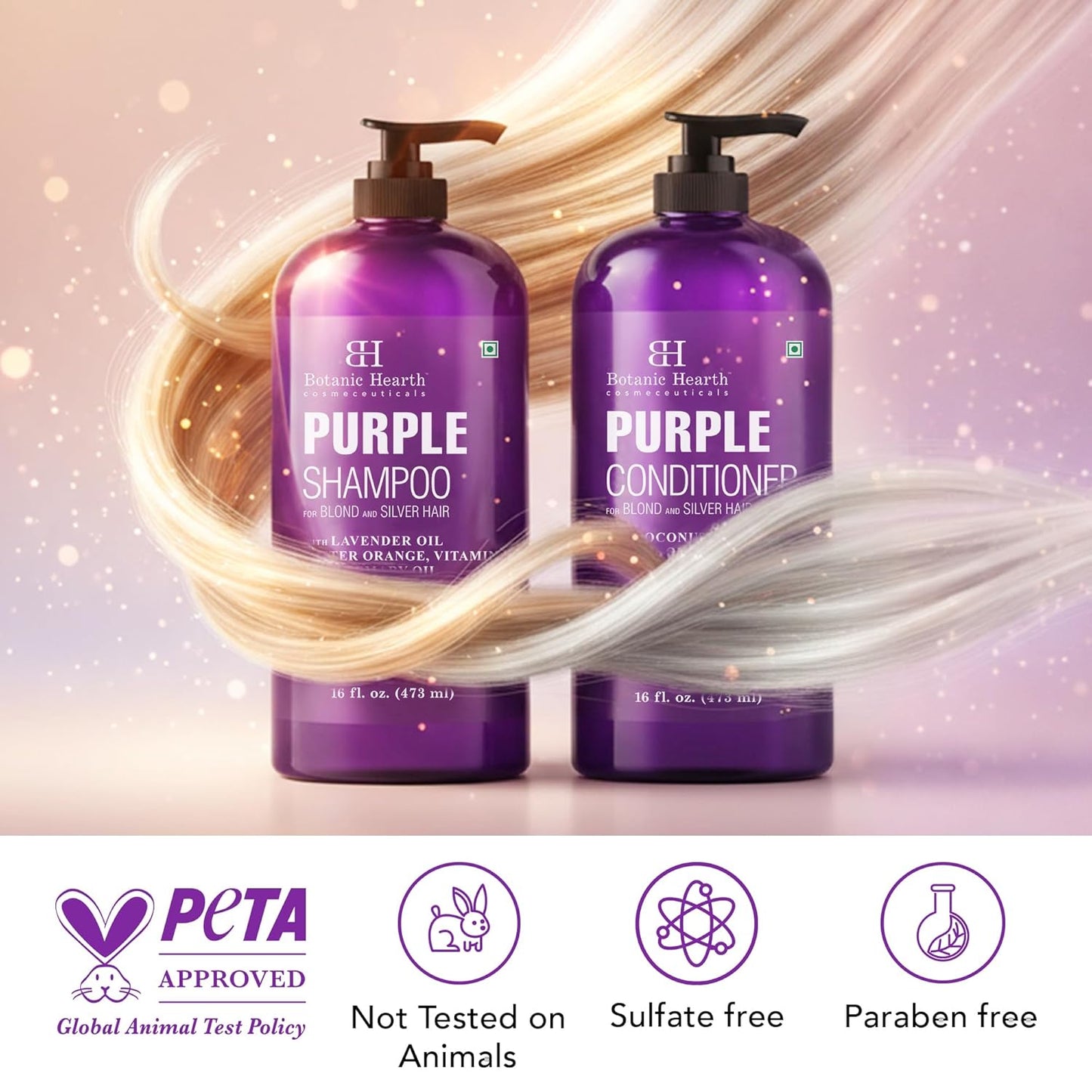 Botanic Hearth Purple Shampoo & Conditioner Set - Enhances Blonde, Silver & Gray Hair | Sulfate & Paraben Free, 16 Fl Oz Each