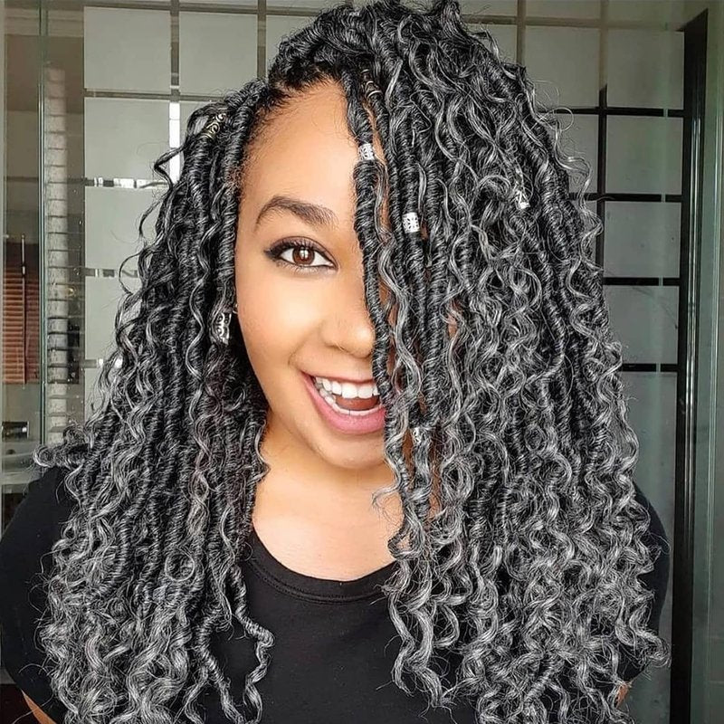 Faux Locs Crochet Hair - 14 Inch Ombre Grey Goddess Locs | 6 Packs Soft River Curly Pre-Looped Braids