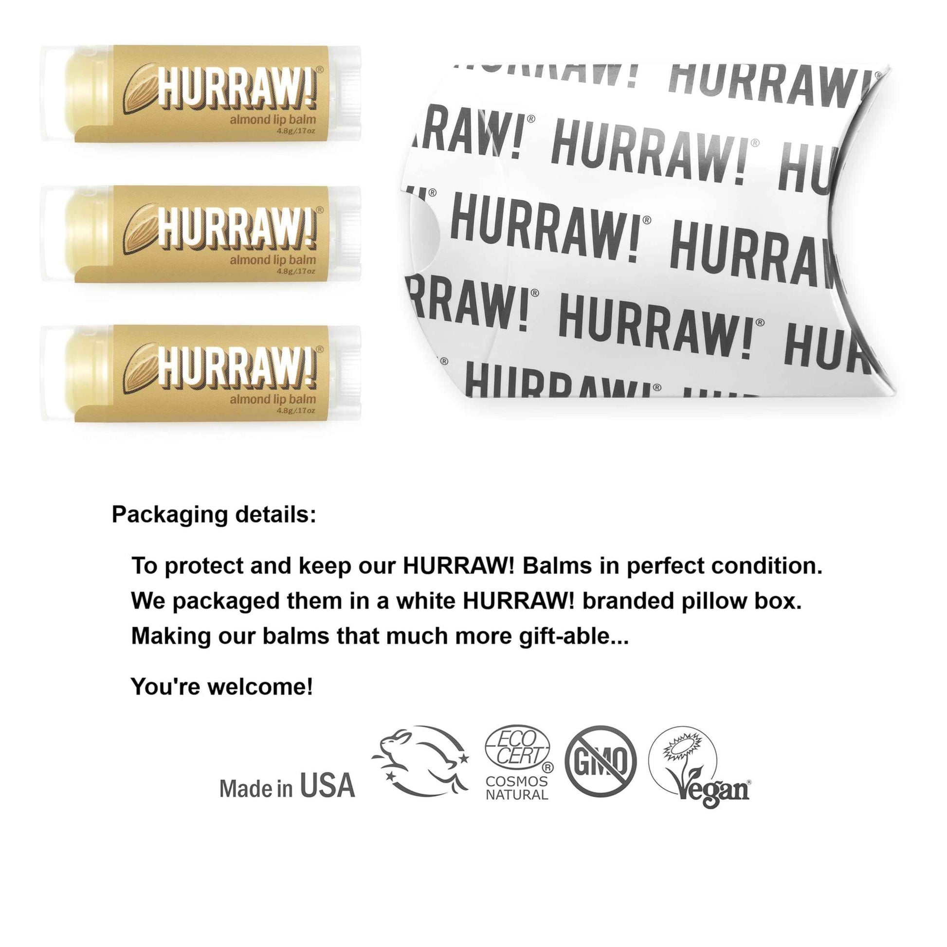 Hurraw! Almond Lip Balm, 3 Pack: Organic, Certified Vegan, Cruelty and Gluten Free. Non-GMO, 100% Natural Ingredients. Bee, Shea, Soy and Palm Free. Made in USA