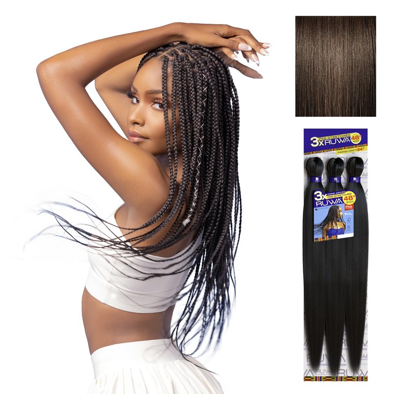 Sensationnel Ruwa prestretched braiding hair - 3x 48 inch water repellent kanekalon fast dry synthetic sports itch free (5 pack, 4 MEDBROWN)