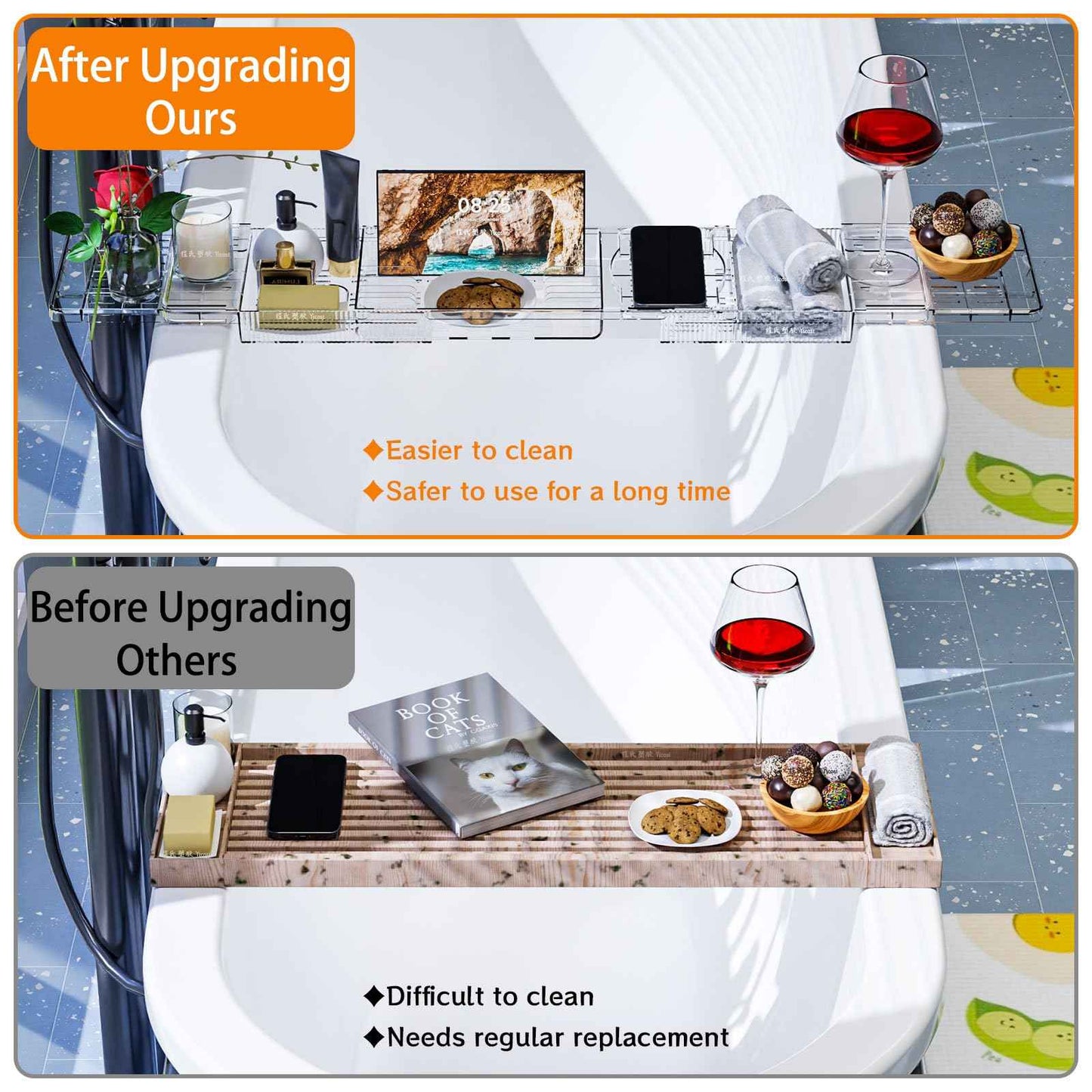 Luxury Expandable Bathtub Tray for Tub, Clear Acrylic Bath Tub Tray with Adjustable Length Up to 31.8", Bathtub Accessories for Relaxing, Bath Accessories for Women