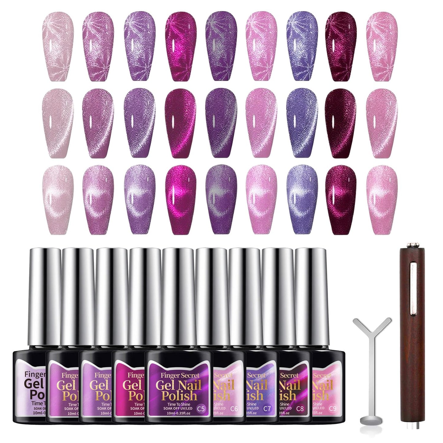 finger secret 10ml Gel Cat Eye Nail Polish Kit - 9Pcs Cat Eye Magnetic Nail Polish With Magnetic Iron Rod Double Ended Nail Tool, Long-Lasting and Non-Fading Creating Fashionable Manicures