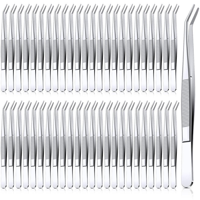 Honoson 48 Pcs Stainless Steel Tweezers for Crafting with Curved Serrated Tip Multipurpose Forceps Sewing Machine Tweezers Bulk (Silver)