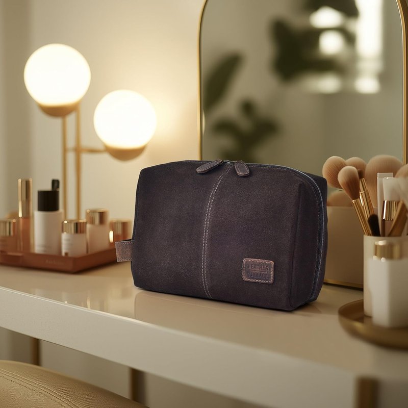 Leather Travel Toiletry Bag - Large Capacity Dopp Kit for Men & Women | Brown Bathroom Organizer