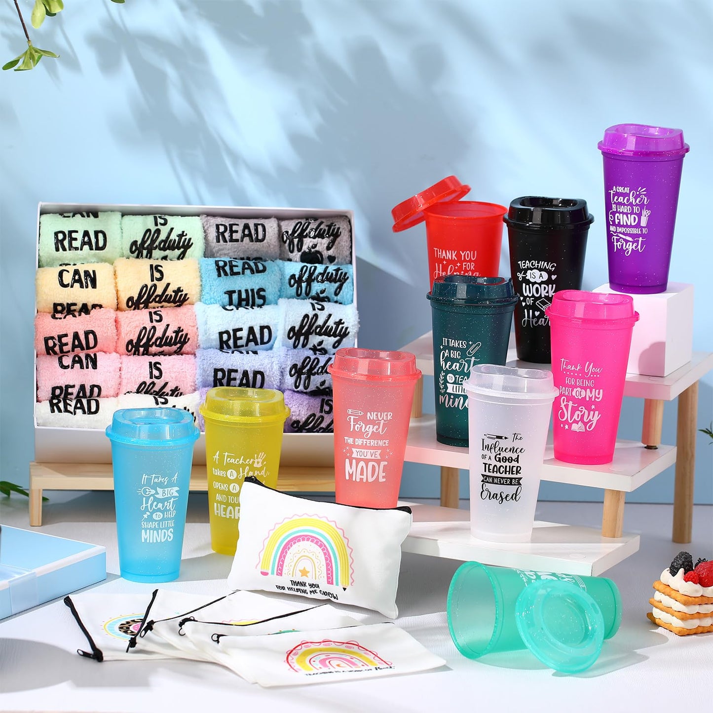 Funnymoom 30 Pieces Teacher Gifts Bulk,Graduation Back to School Day Appreciation Week Gift 16oz Plastic Coffee Tumbler with Lids Teacher Makeup Bags Crew Socks for Women Coworker(Classic)