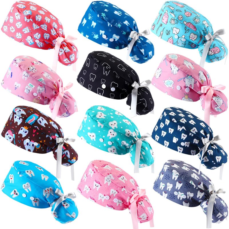 Tisancy 12 Pcs Dental Scrub Cap for Women Nurse Cap with Button Adjustable Dentist Surgical Hat Long Hair Ponytail Pouch Hat(Cute Style) Colorful