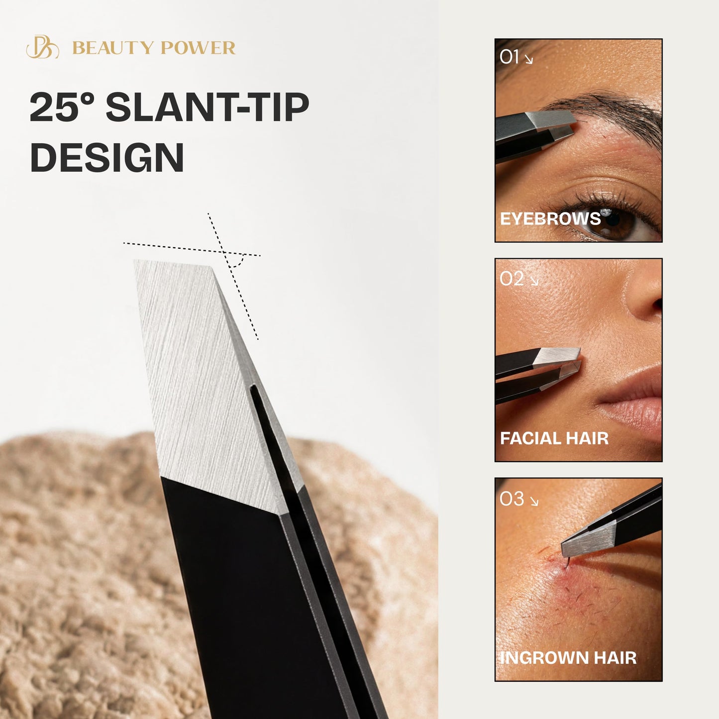 Beauty Power Precision Tweezers for Women Facial Hair & Men - Professional Tweezers Set with Slant & Point Tips, German Stainless Steel, Black PU Leather Case, Lightweight & Ultra Precision - Gift