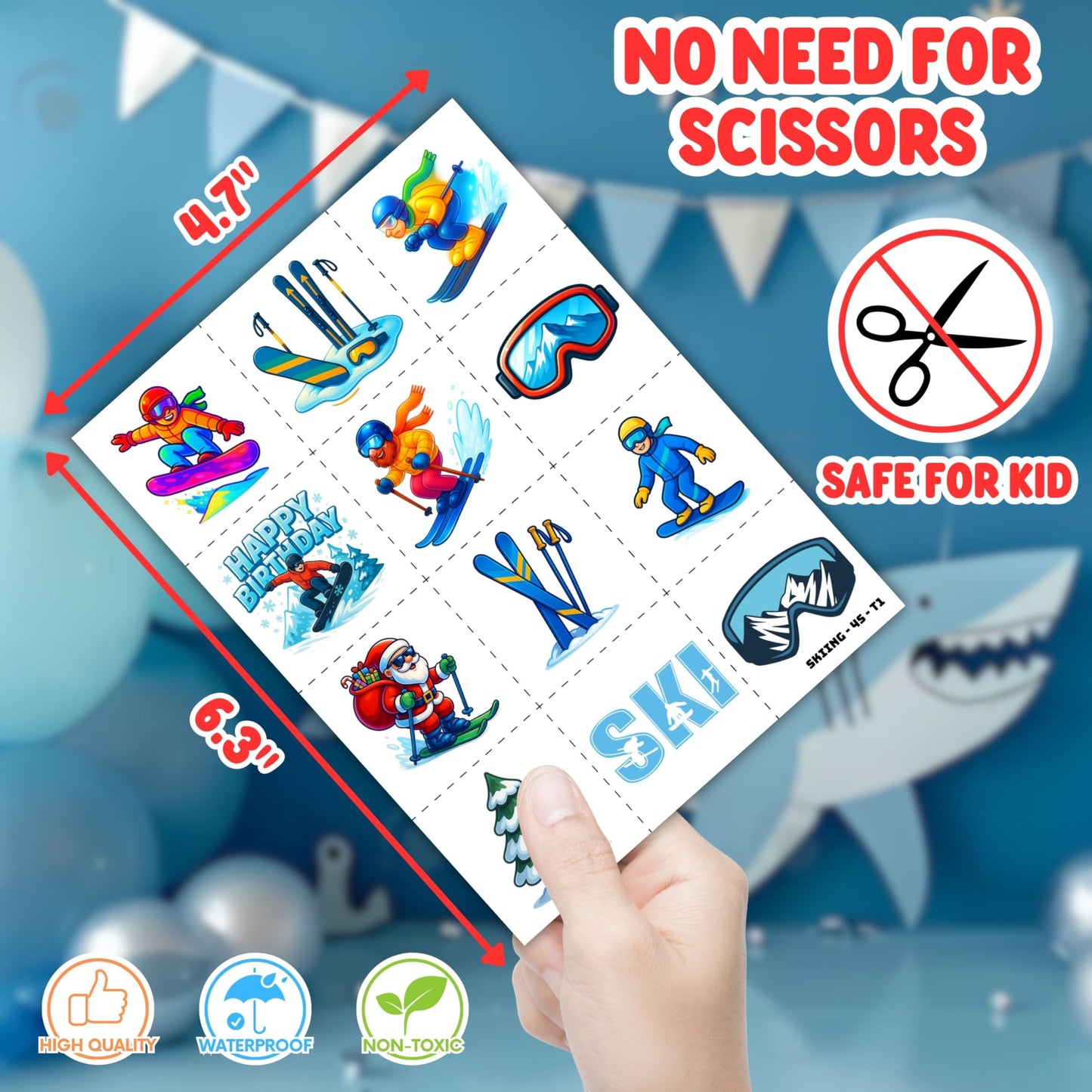 72PCS Skiing Party Set - 48PCS Temporary Tattoos & 24PCS Slap Bracelets - Fun Winter Sports-Themed Birthday Supplies, Baby Shower Gifts, Classroom Rewards & Party Decor for Kids (Boys & Girls)