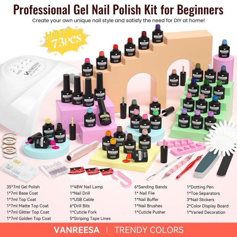 VANREESA 73 Pcs Gel Nail Polish Kit with U V Light and Nail Drill Kit 35 All Seasons Colors Nail Polish Set with Base Coat & 4 Effects Top Coat Gel Polish Nail Set Complete Nail Kit Gifts for Women