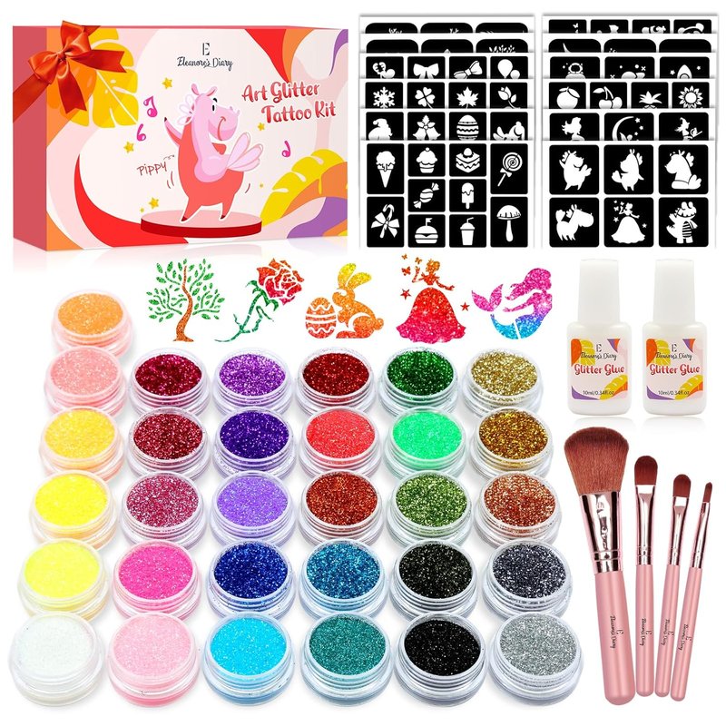 Glitter Tattoo Kit for Kids - 31 Colors, 165 Stencils & Brushes | Fun Arts & Crafts for Birthday Parties & Festivals