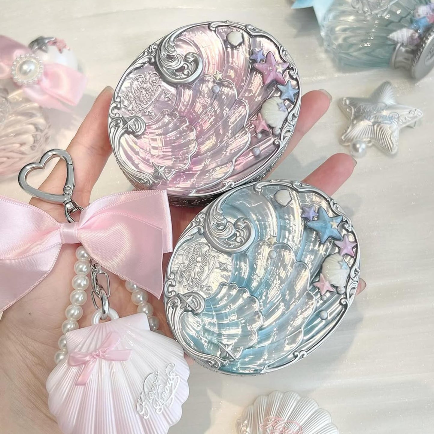 Flower Knows Shell's Jewel Collection Baked Powder,Makeup & Setting Pressed Powder Compact with Mirror and Puff,Pink Smooth Oil-Control Pore Blurring,0.32 Oz(02 Dreamy Pink)
