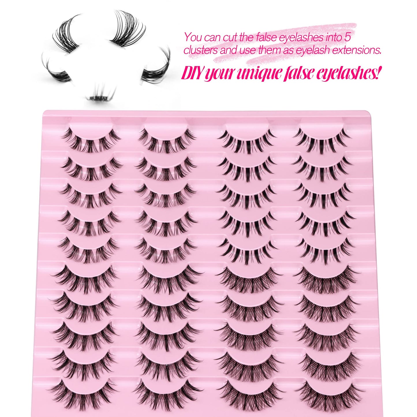 Manga Lashes Natural Look Anime False Eyelashes 20 Pairs Clear Band Individual Wispy Fake Eyelashes Strip Spiky DIY Cluster Lashes Extension C-curly Cat Eye Lashes Pack