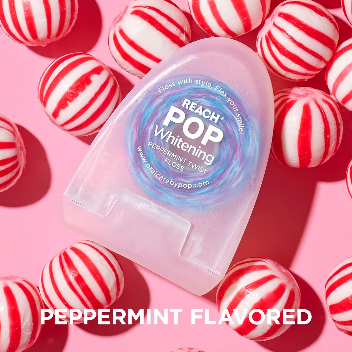 REACH POP Whitening Dental Floss, Peppermint, Baking Soda Infused, Teeth Whitening, Plaque Remover for Teeth, Shred Resistant, Vegan Wax, Cruelty Free, Oral Care, PFAS Free, 1 Pack, 54.6 yd