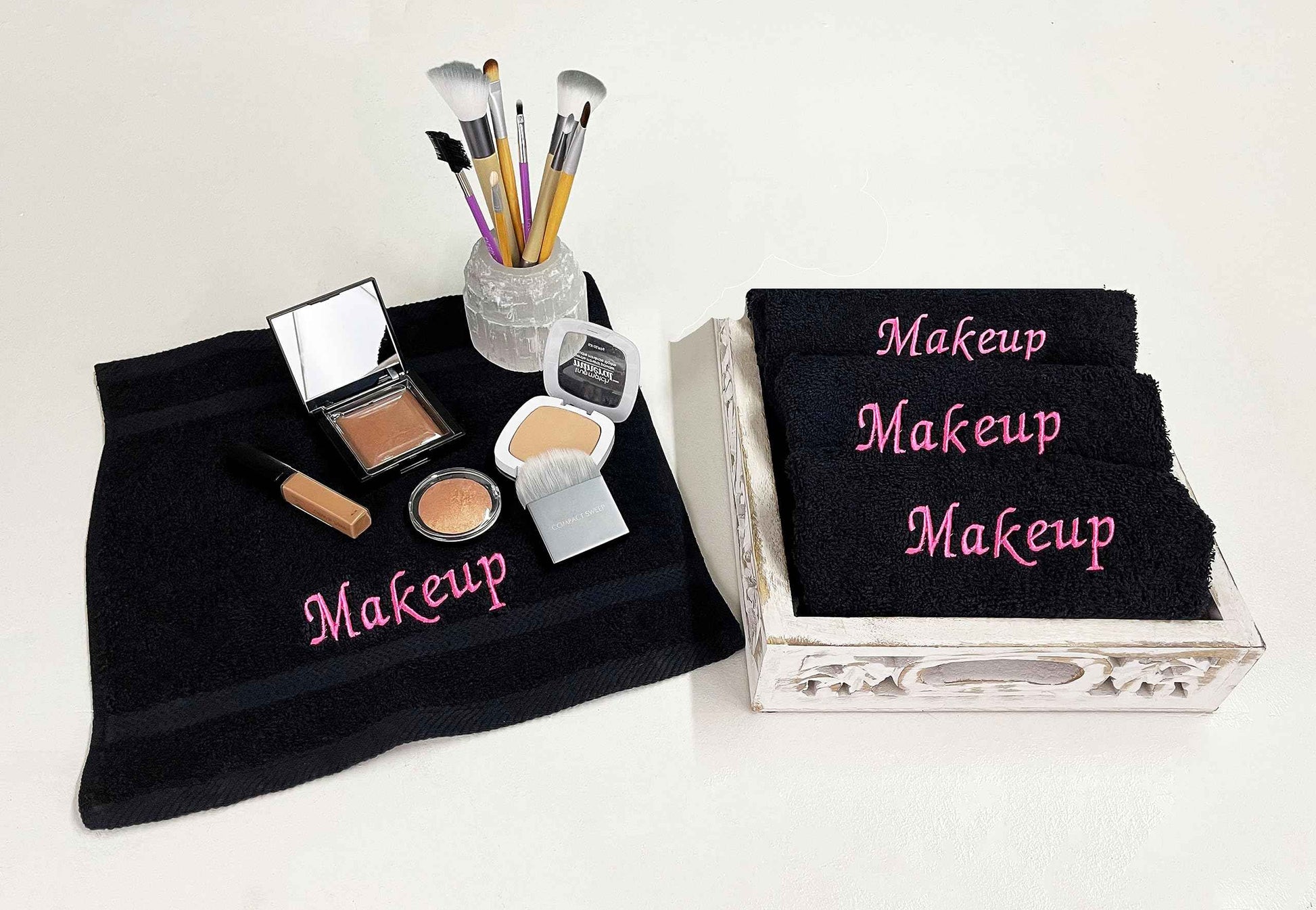 Liberty21 Makeup Embroidered Towel Set for face. 100% Soft Cotton. Facial Makeup Remover Washcloths. Reusable Face Towel Set of Four. (Black & Pink Embroidery)