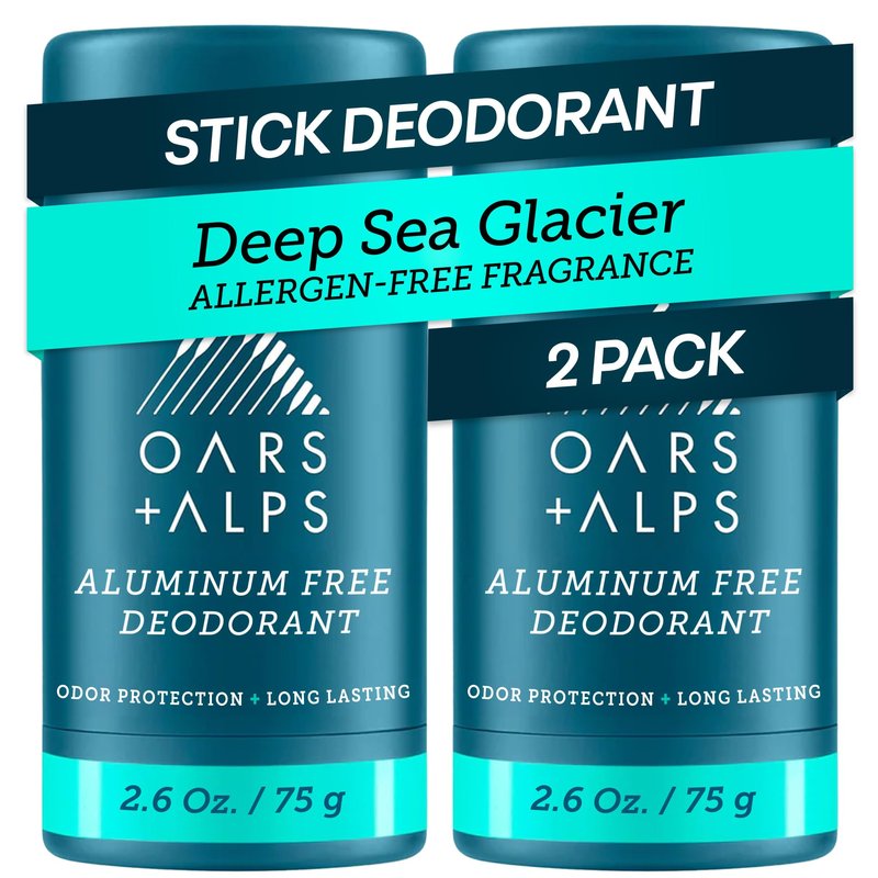 Oars + Alps Aluminum Free Deodorant for Men | Long Lasting Odor Protection, Clear & Free of White Residue, Anti-Chafing Smooth Glide, Dermatologist Tested, Deep Sea Glacier, 2pk, 2.6oz