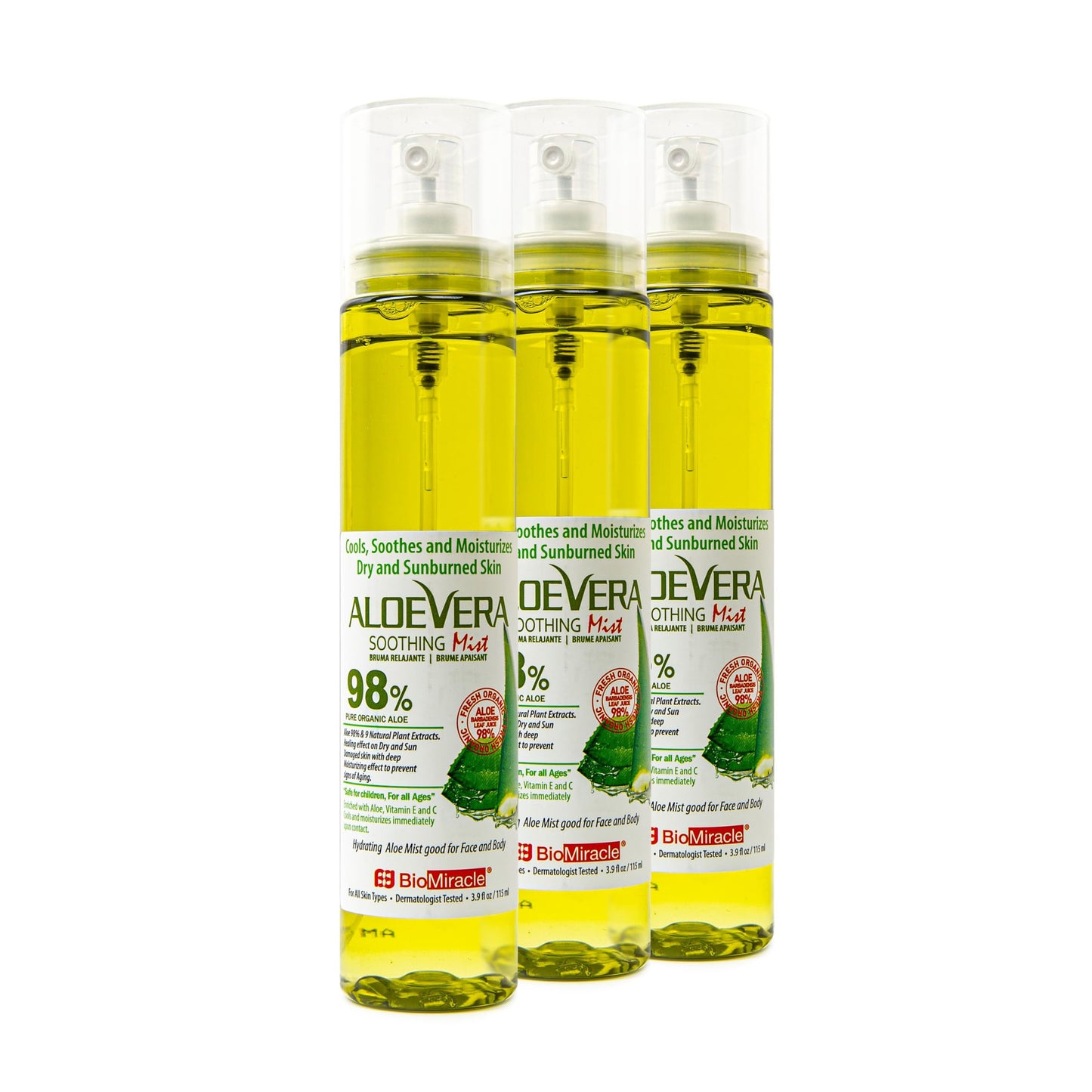 BioMiracle 98% Organic Aloe Vera Mist (3.9 oz) - Cooling Relief for Sunburn, Dry or Irritated Skin, Hydrating Spray with Vitamins C & E, 3-Pack