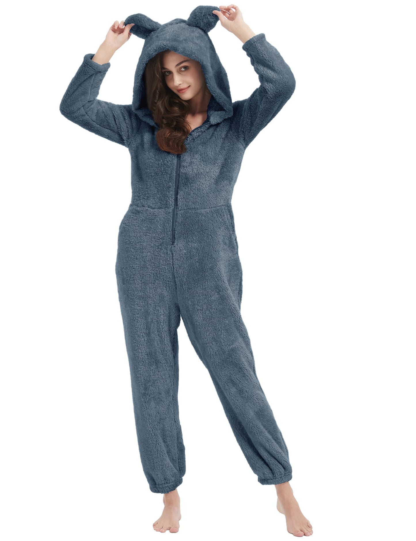 Kissonic Womens Onesie Pajamas Fleece Hooded Comfy One Piece Romper Fuzzy Sleepwear Homewear(Navy-S)