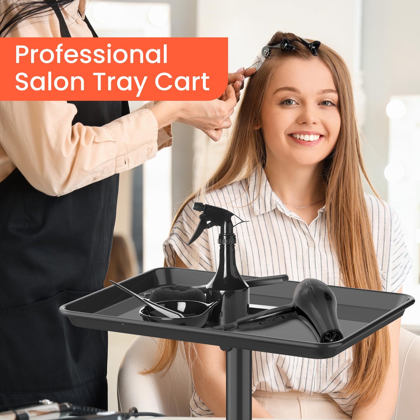 TASALON Rolling Salon Tray, Mobile Styling Station with Wheels Aluminum Rolling Tray Trolley for Salon Essentials, Adjustable Height or Hairstylist Tray with 10 PCS Disposable Salon Tray Cover