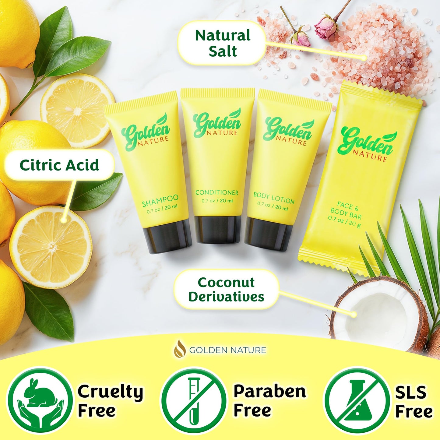 Golden Nature - Travel Size Hotel Toiletries Bundle - Jasmine, 0.7 oz each, 200 Pcs - 4-Piece Set: 50 Rectangular Bar Soap, 50 Shampoo, 50 Conditioner & 50 Body Lotion - Bulk Small Toiletries