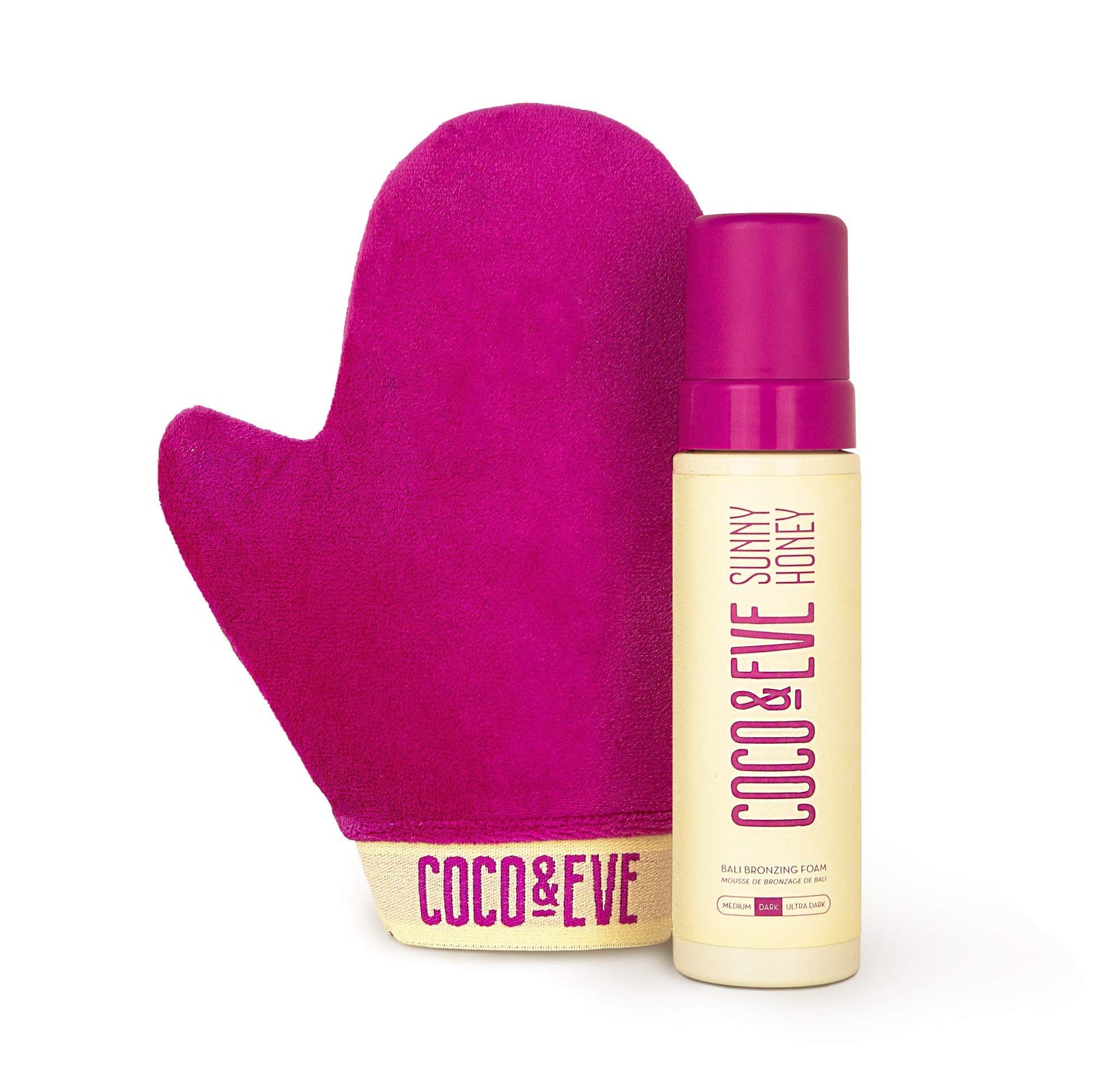 Coco & Eve Self Tanner Foam Kit - (Dark) Streak-Free Sunless Tanning Mousse, Tropically Scented Natural Looking Tan & Included Mitt Applicator, Vegan, Cruelty Free | Sunny Honey Bali Bronzing