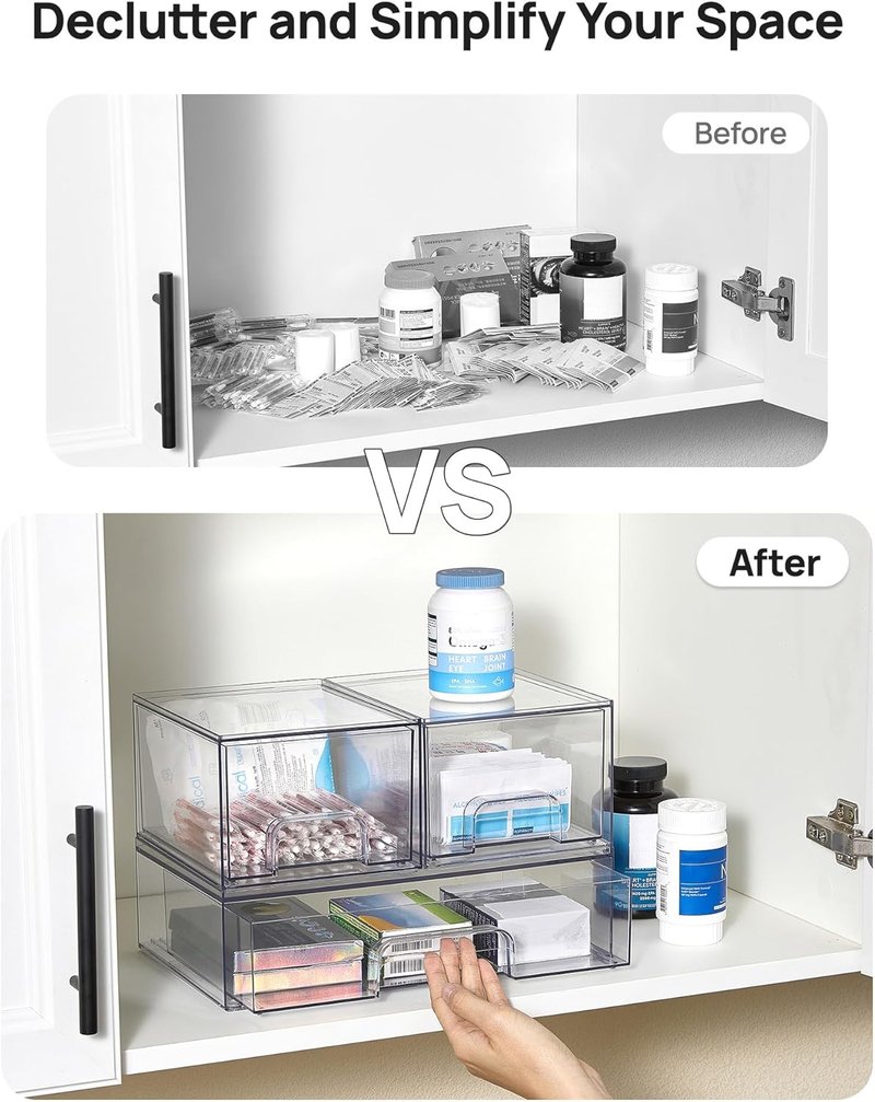 Stackable Storage Drawers - Clear Plastic Organizer Bins for Bathroom, Pantry & Laundry Room | Set of 4