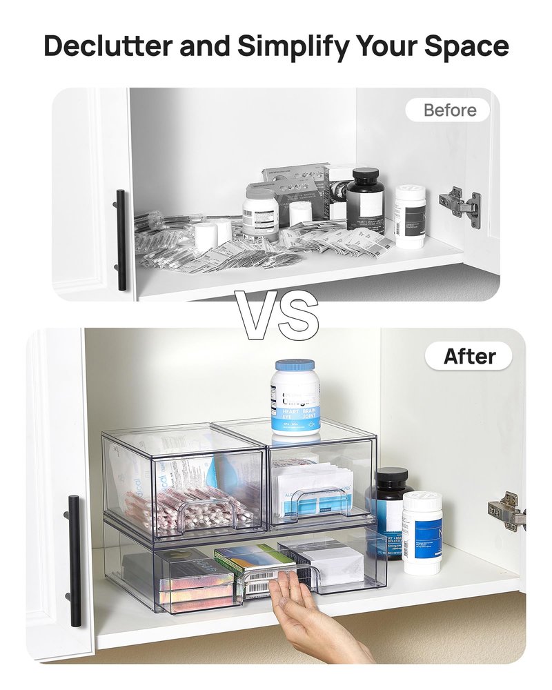 Vtopmart Stackable Storage Drawers Set of 3,Clear Plastic Organizer Bins for Makeup, Cosmetics, Beauty Supplies,Ideal for Vanity, Bathroom,Cabinet,Pantry Organization