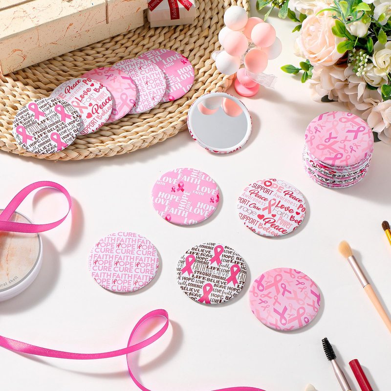 Pinkunn 100 Pcs International Women's Day Gifts Bulk for Woman Pink Inspirational Faith Compact Mirrors for Nurse Coworkers Motivational Cancer Awareness Small Pocket Travel Makeup Mirrors (Ribbon)