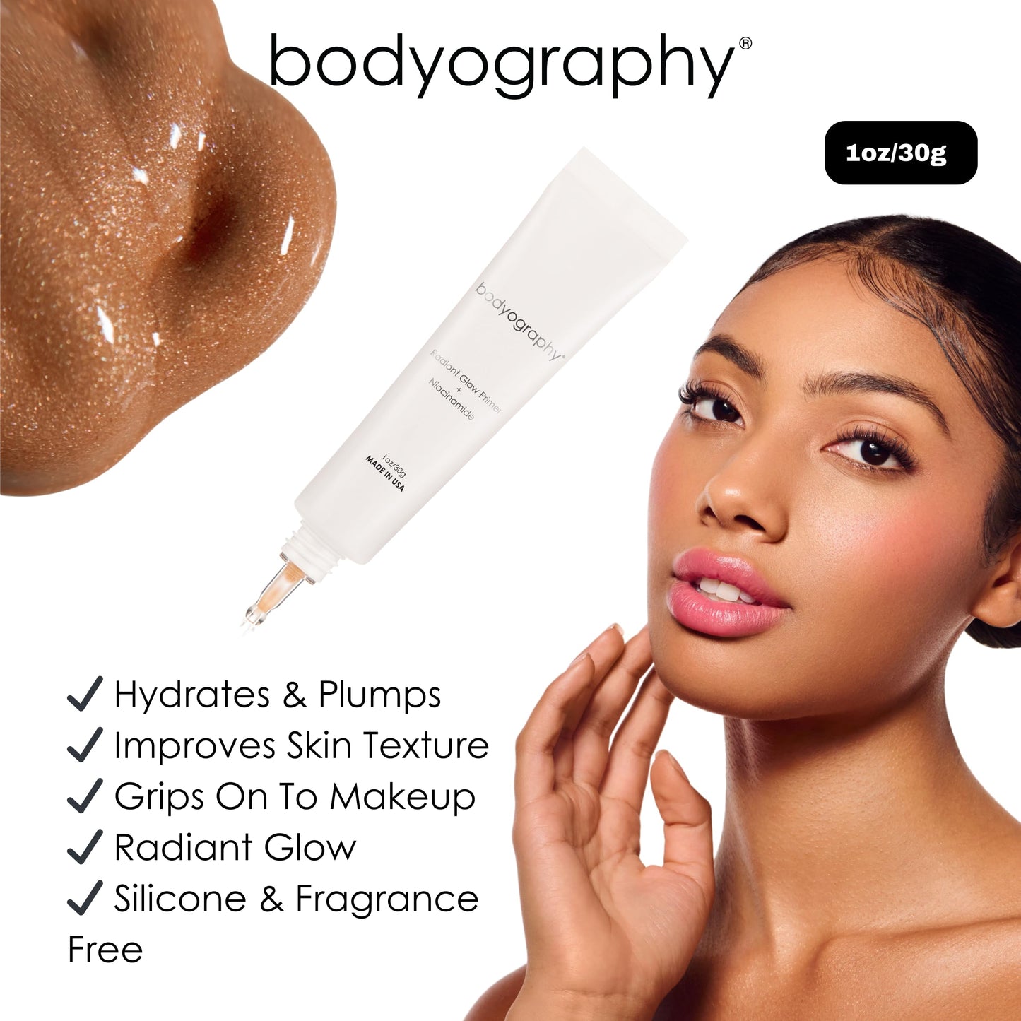 Bodyography Radiant Glow Primer + Niacinamide | Hydrating Makeup Primer with Light-Reflecting Pearls & Hyaluronic Acid | Silicone-Free Face Primer for a Long-Lasting Base