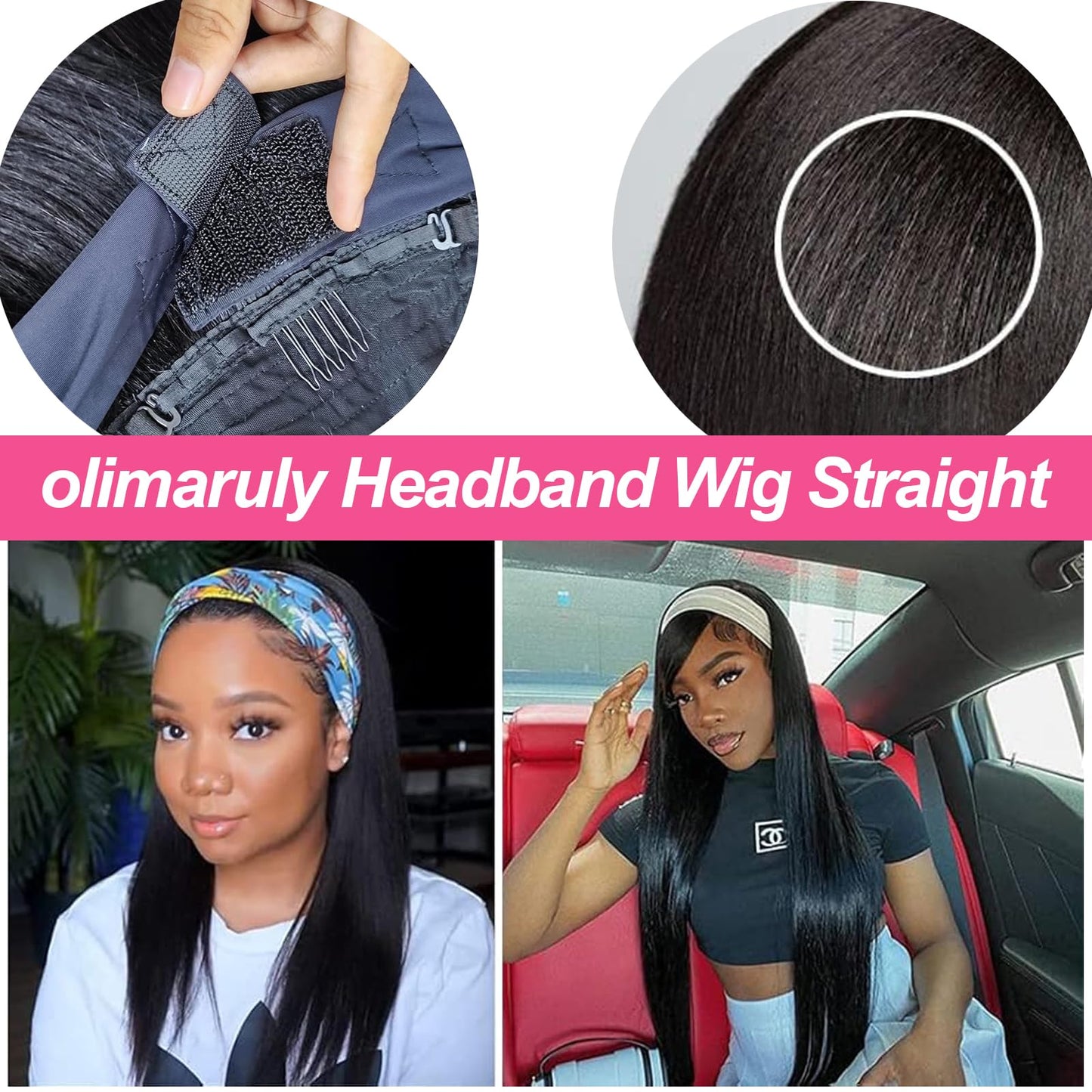 olimaruly 12 Inch Short Straight Headband Bob Wigs Glueless Headband Wig Human Hair Short Straight half wigs for Black Women 180% Density No Lace Headband Wig Natural Color Easy Put On