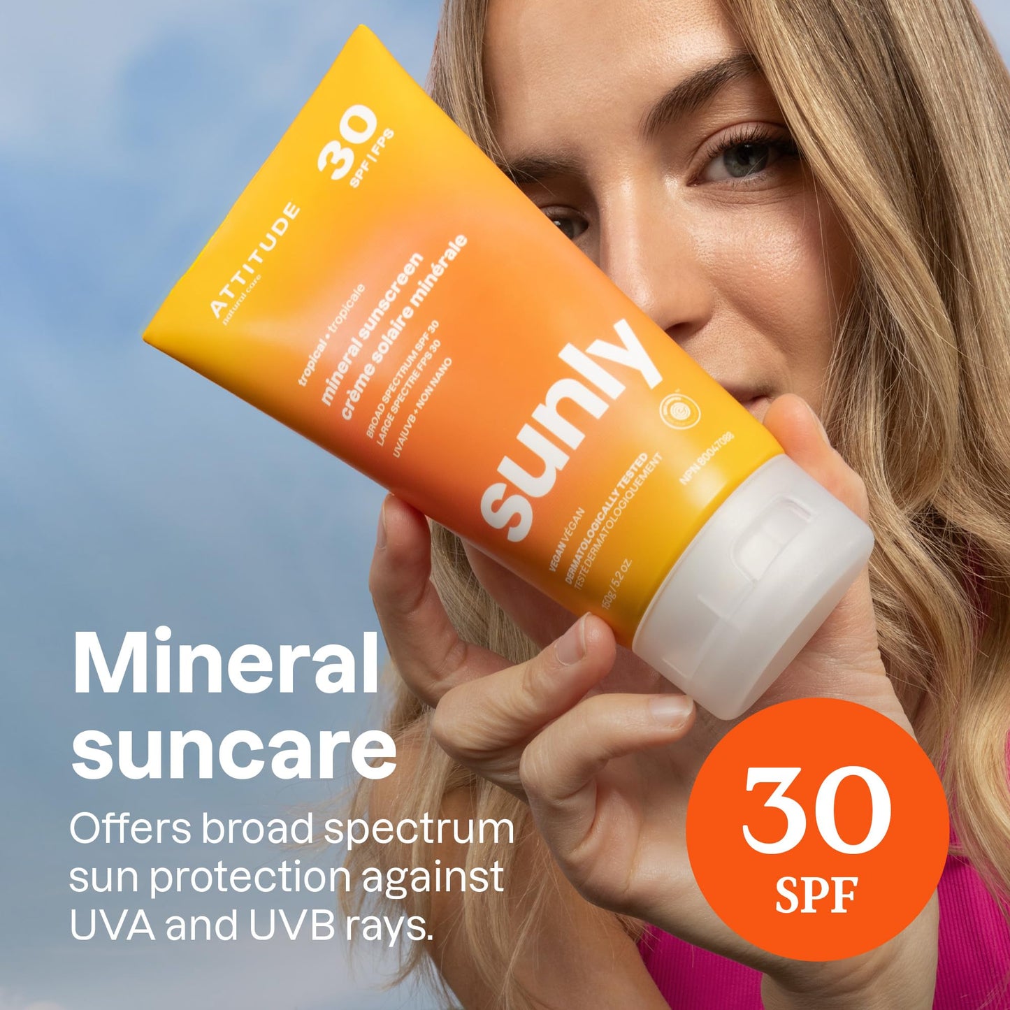 ATTITUDE Mineral Sunscreen SPF 30, Zinc Oxide Broad Spectrum UVA/UVB Protection, Face & Body, Dermatologically Tested, Vegan, Tropical Scent, 5.2 Oz