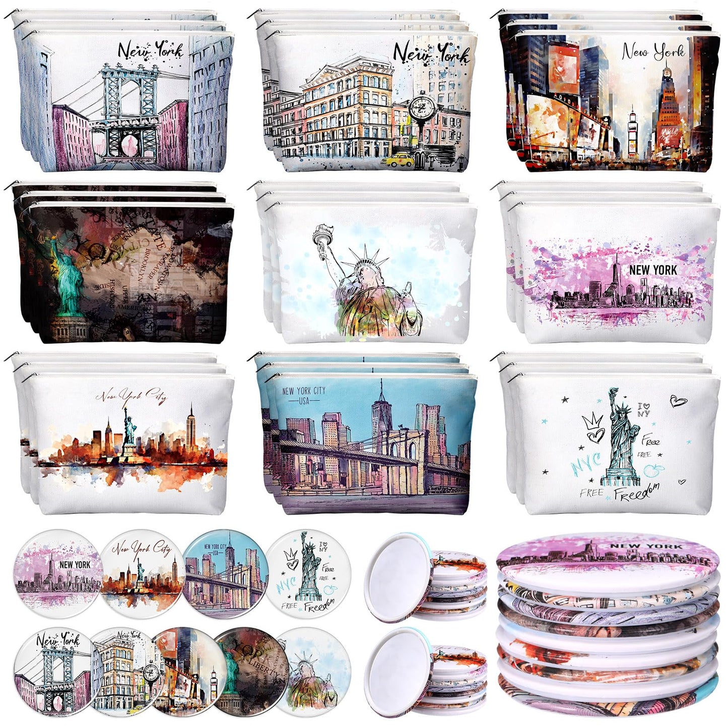 Bulyoou 18 Set New York Souvenirs Gifts Bulk City Cosmetic Bag Nyc Makeup Mirrors Souvenirs from USA Women New York Makeup Bag Birthday Party Favors Trip Journey Gifts for Friend Sisters