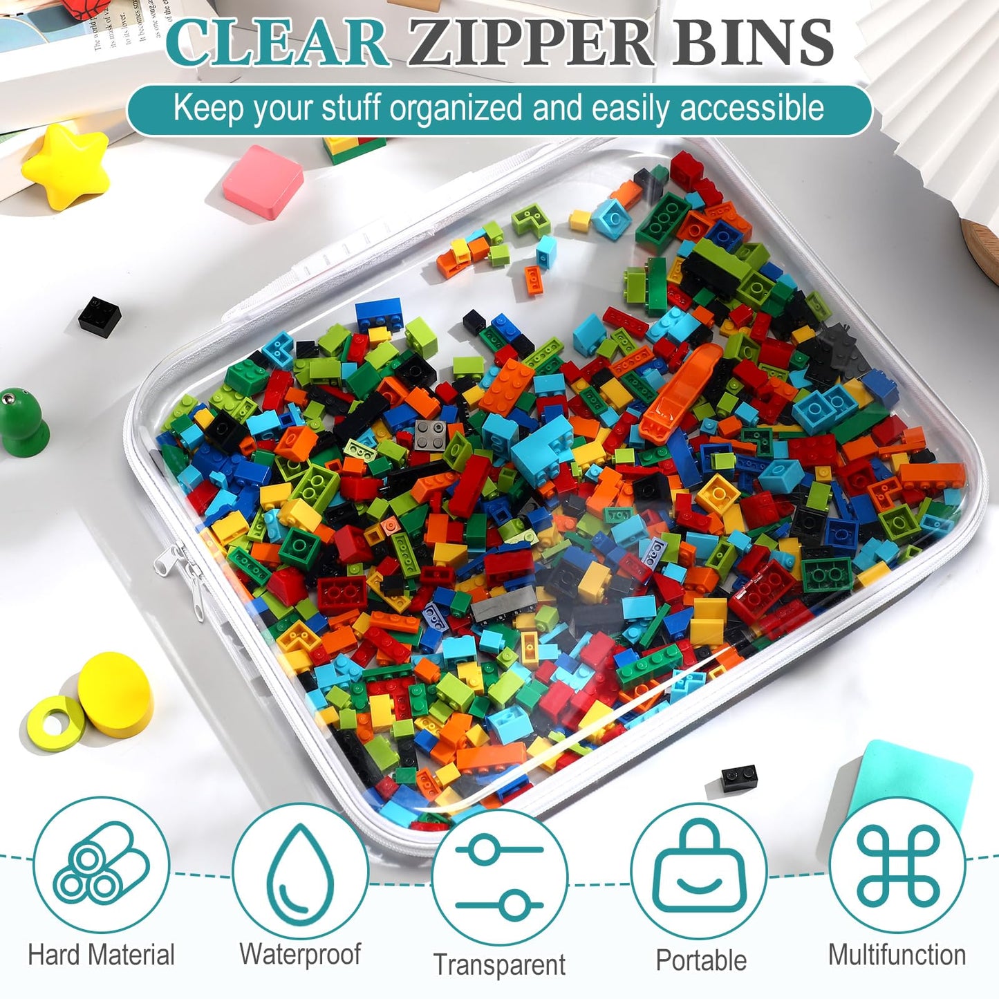 Sanwuta 4 Pcs Clear Hard Zipper Case with Handle Office Storage Cases Hard Plastic Pouches Transparent Bins for Crafts, Snacks, Cosmetics, Puzzles(13.8 x 11.8 x 2 Inches,White)