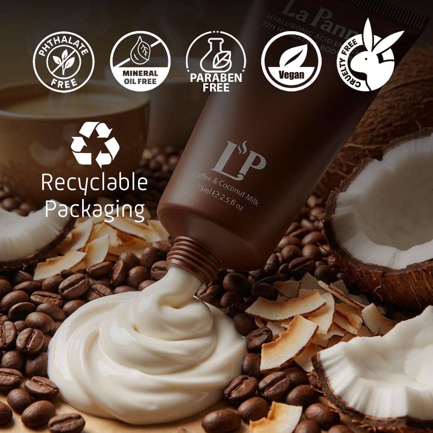 La Panna Coffee & Coconut Milk Body Cream, 72H Moisture, with Hyaluronic Acid and Vitamins, 2.5 fl oz (2 packs)