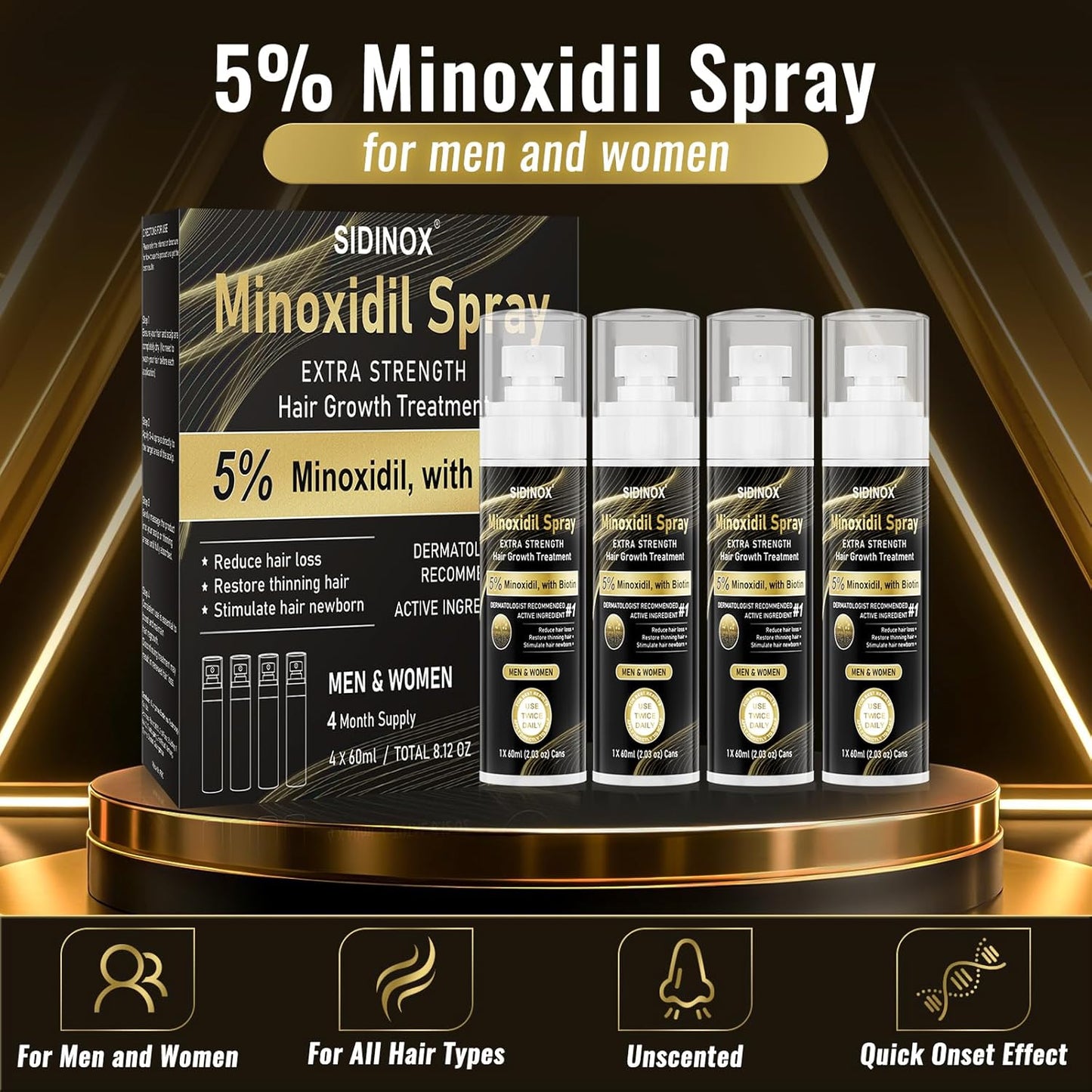 Minoxidil Spray for Hair Growth - Extra Strength 5% Formula with Biotin & Castor Oil | 4-Month Supply (4 Pack, 8.12 oz)