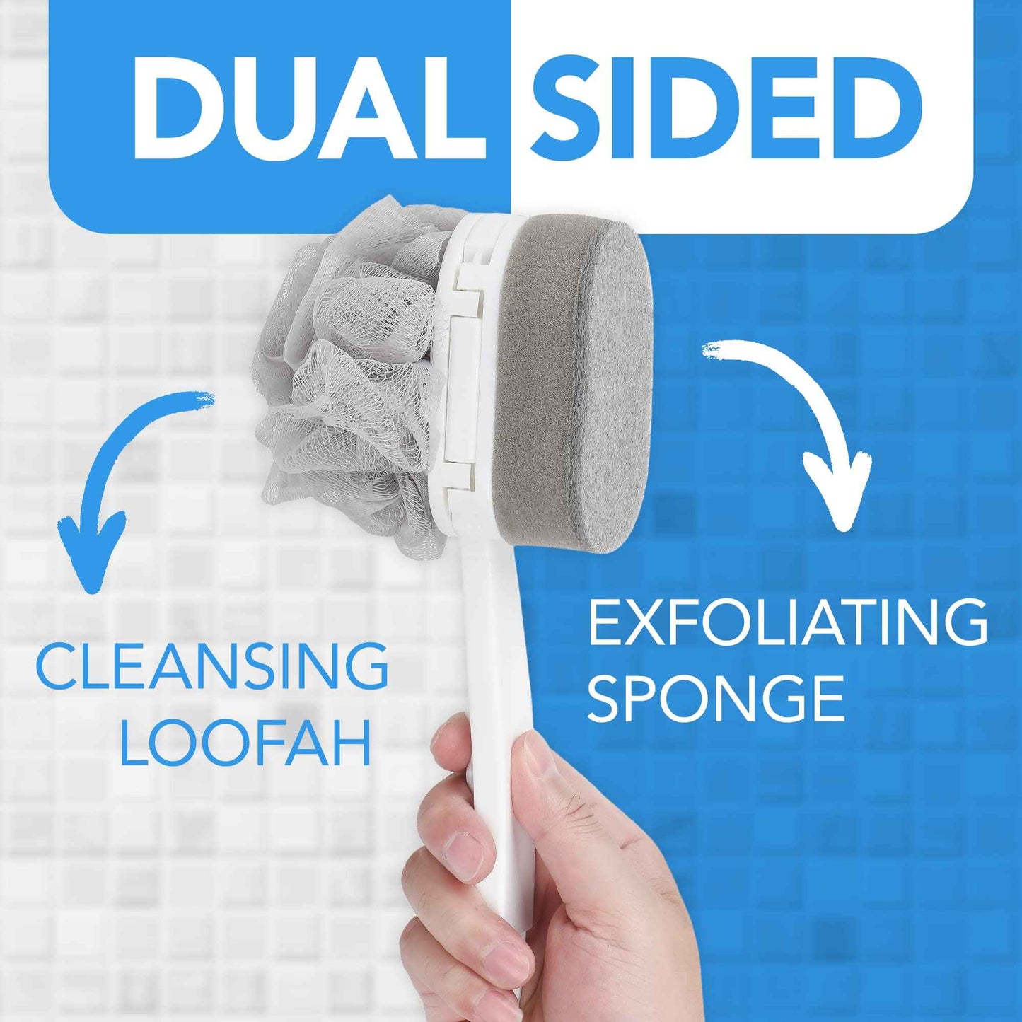 Impresa Extra Long Handle Shower Brush - Dual-Action Loofah & Exfoliating Sponge Body Scrubber - Ergonomic Grip Back Scrub Brush - Replacement Loofah & Sponge Heads - Pack of 2, White