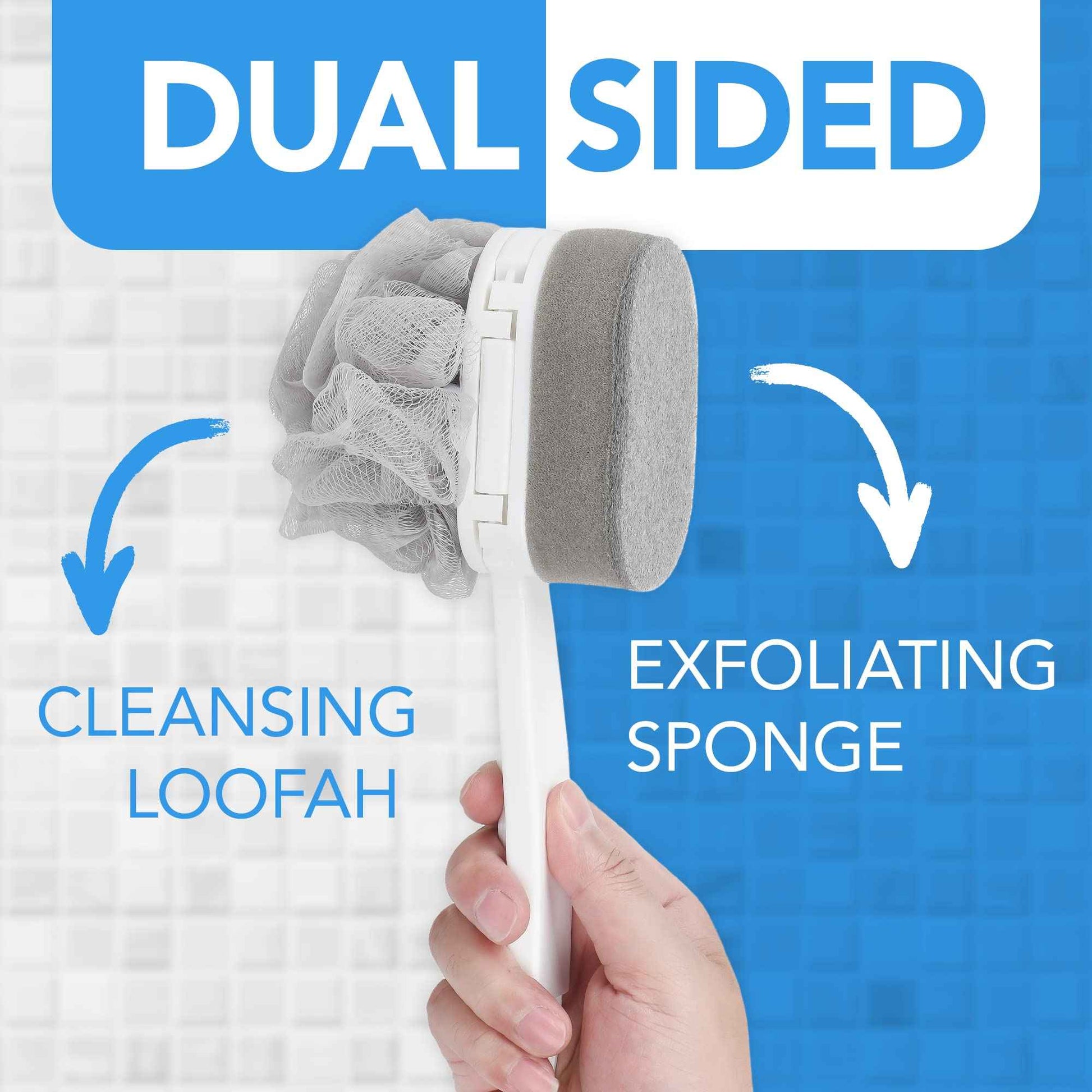 Impresa Extra Long Handle Shower Brush - Dual-Action Loofah & Exfoliating Sponge Body Scrubber - Ergonomic Grip Back Scrub Brush - Replacement Loofah & Sponge Heads - Pack of 2, White