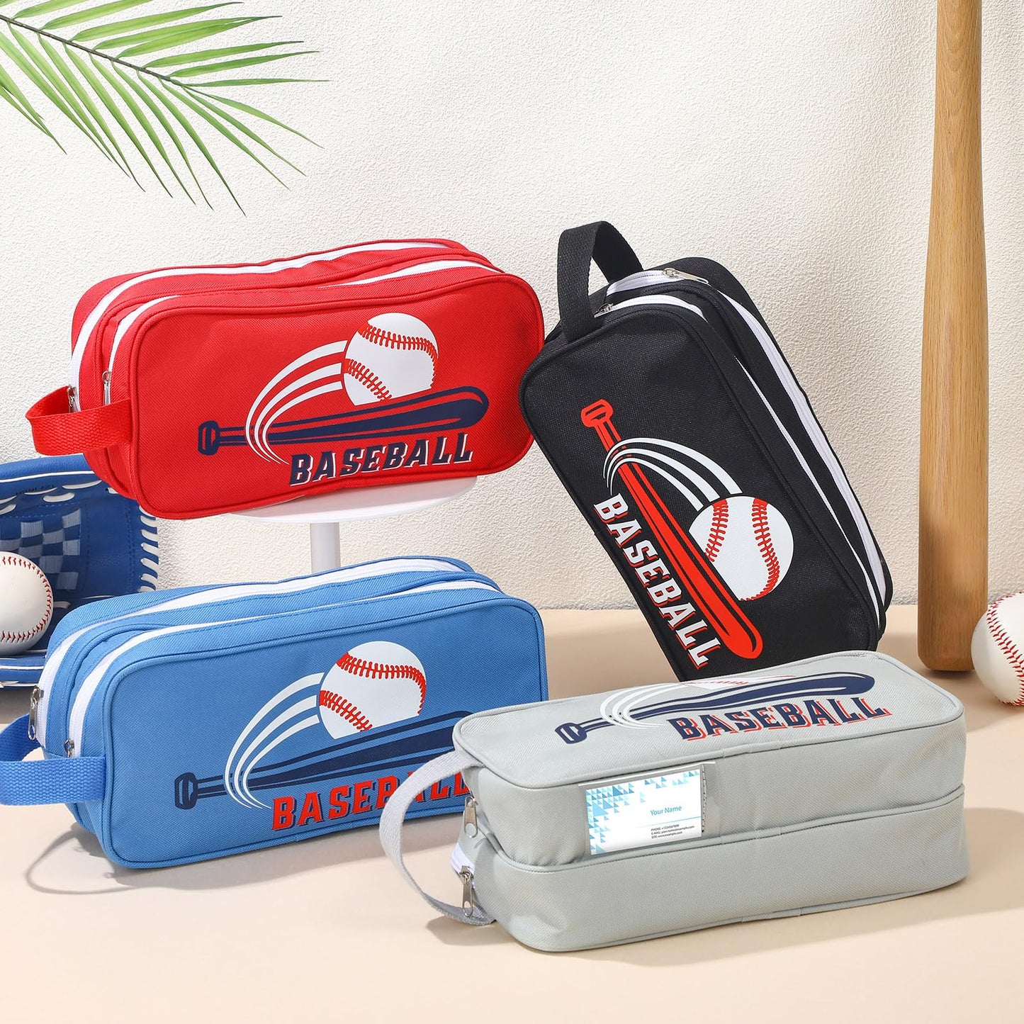 Locmeo 4 Pcs Double Layer Baseball Accessory Bags with Zipper - Toiletry Travel Bags Team Gifts Ideas for Mom Players Organizer Valentines Winter, Baseball Boys Essentials