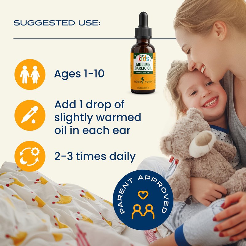 Herb Pharm Kids Mullein Garlic Ear Oil: Alcohol-Free Herbal Ally for Kids, Made with Certified Organic Mullein, Certified Organic Garlic, & USDA Organic Calendula, Topical Use Only, for Children, 1 oz