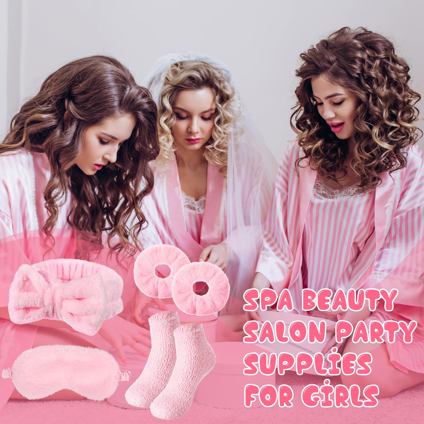Shyyween 30 Pieces Galentine Spa Sleepover Party Supplies 6 Pink Bow Headband 6 Plush Sleep Eye Mask 6 Velvet Scrunchies 6 Pair Fuzzy Sock for Spa Slumber Party Favors Valentine Gift