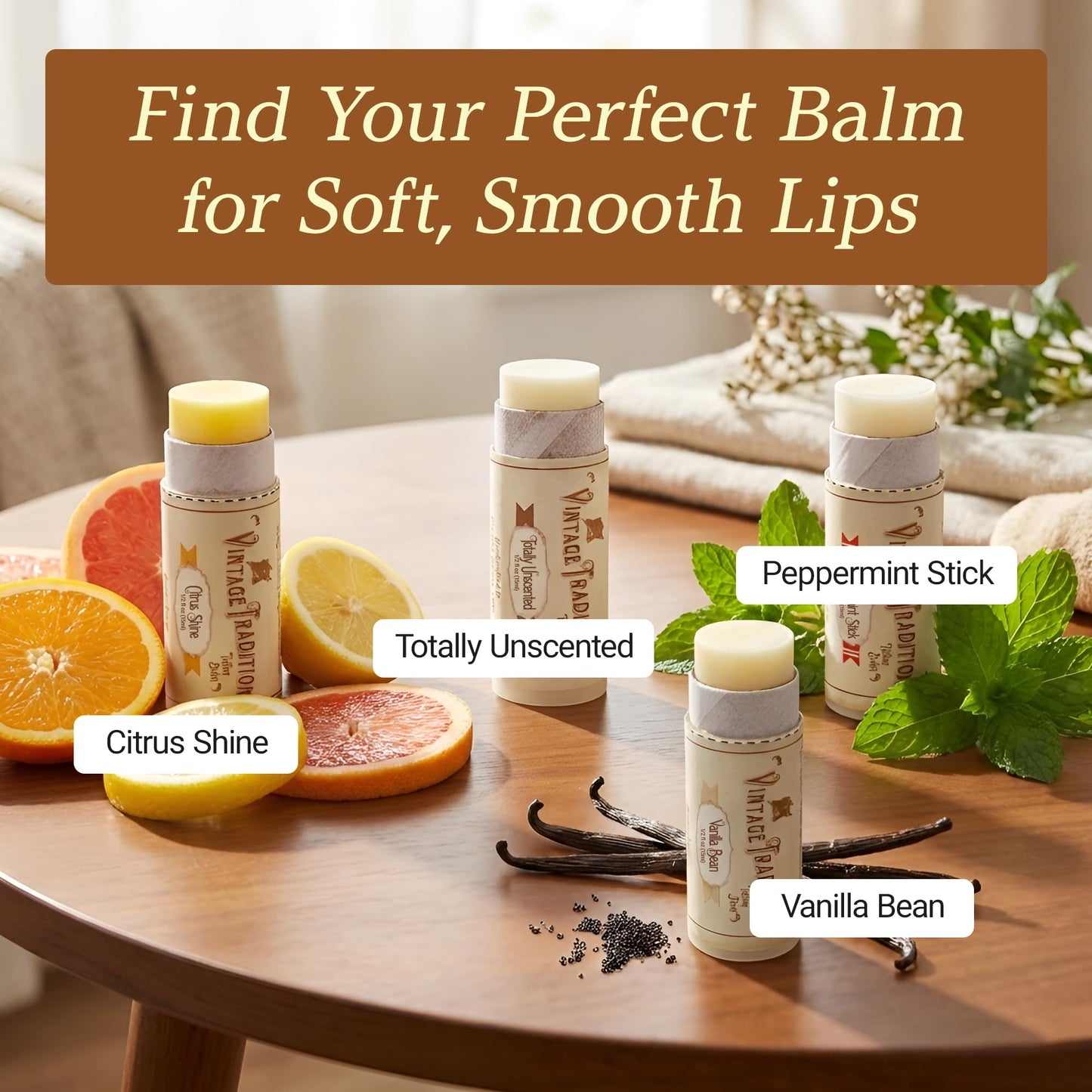 Vintage Tradition Moisturizing Beef Tallow Lip Balm – Tube Lip Moisturizer with Peppermint Essential Oil Hydrates & Soothes Dry Lips – Grass-Fed Tallow Balm for Skin Care, 0.5 Fl. Oz.