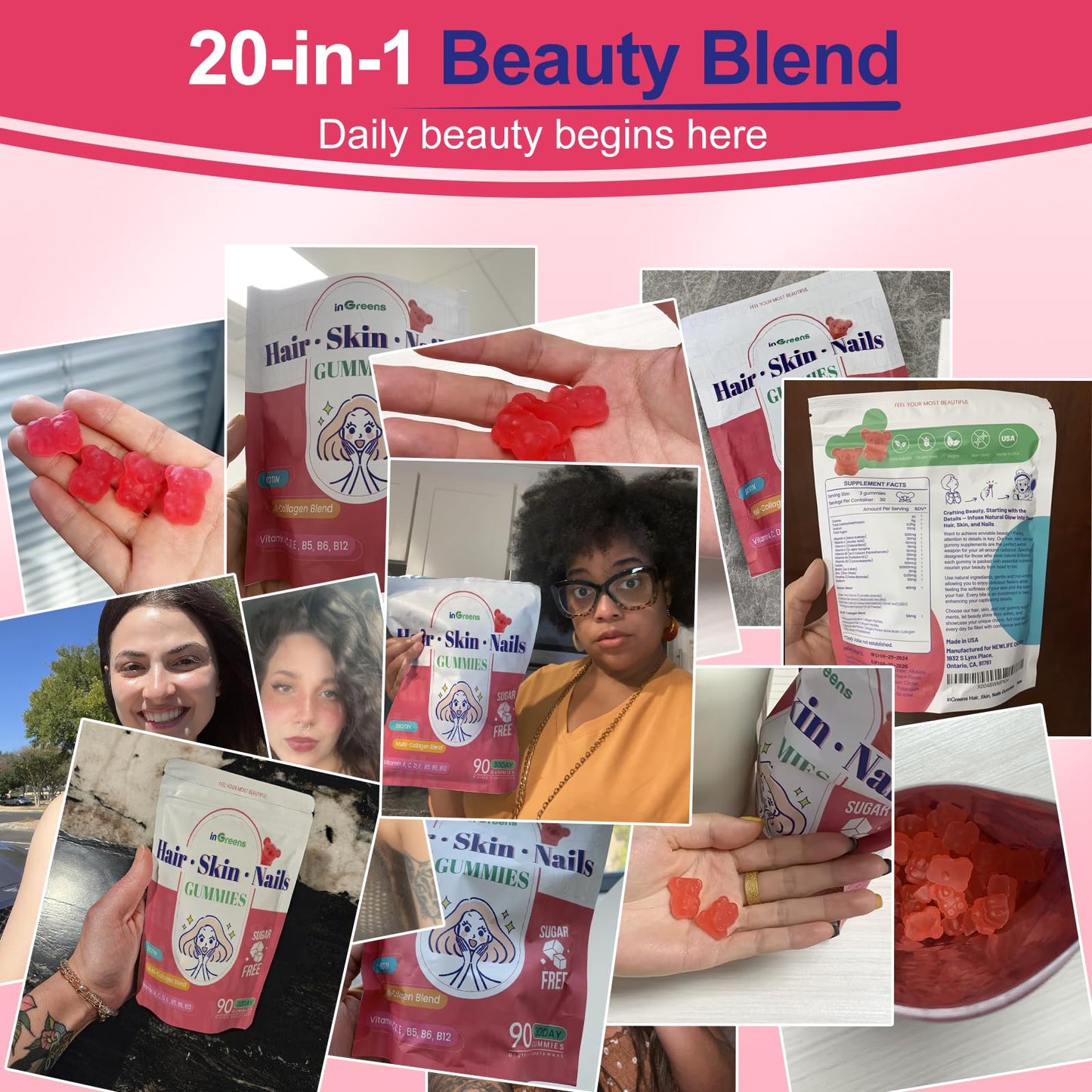 inGreens 20-in-1 Hair Skin and Nails Gummies, Hair Biotin Vitamins for Women & Men with 10000 mcg Biotin, Vitamins A, C, D, E for Hair Growth & Healthy Skin, White Peach Flavor, 90 Gummies