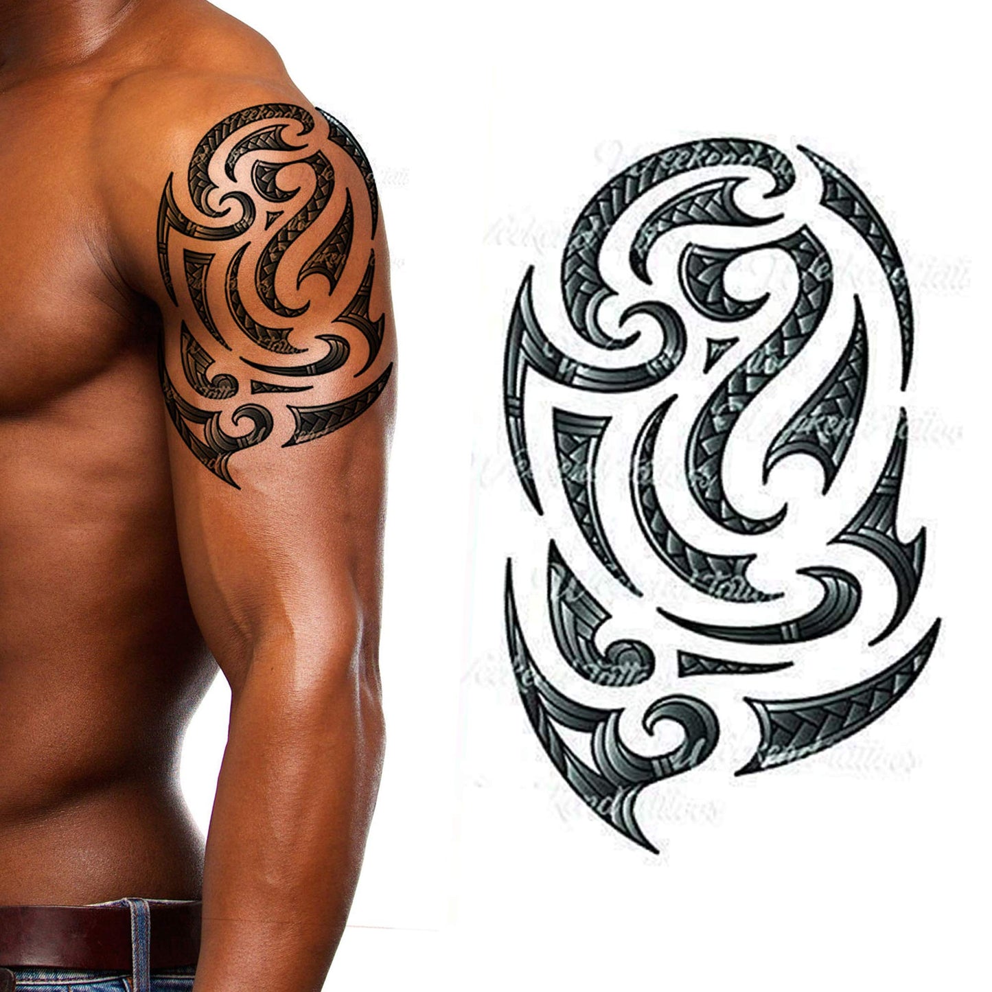 4 Pack Stick on black temporary tattoo maui tribal body art sticker transfer for arms shoulder aztec polynesian samoan hawaiian for adult men and women (4 x all tribal tattoo designs)
