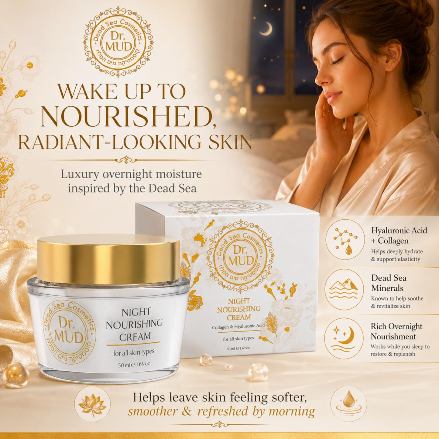 Dr.MUD Night Nourishing Cream for Face with Dead Sea Minerals, Hyaluronic Acid, Collagen, Vitamin E, Green Tea, Avocado Oil & Aloe Vera, Rich Overnight Moisturizer for All Skin Types, 50 ml
