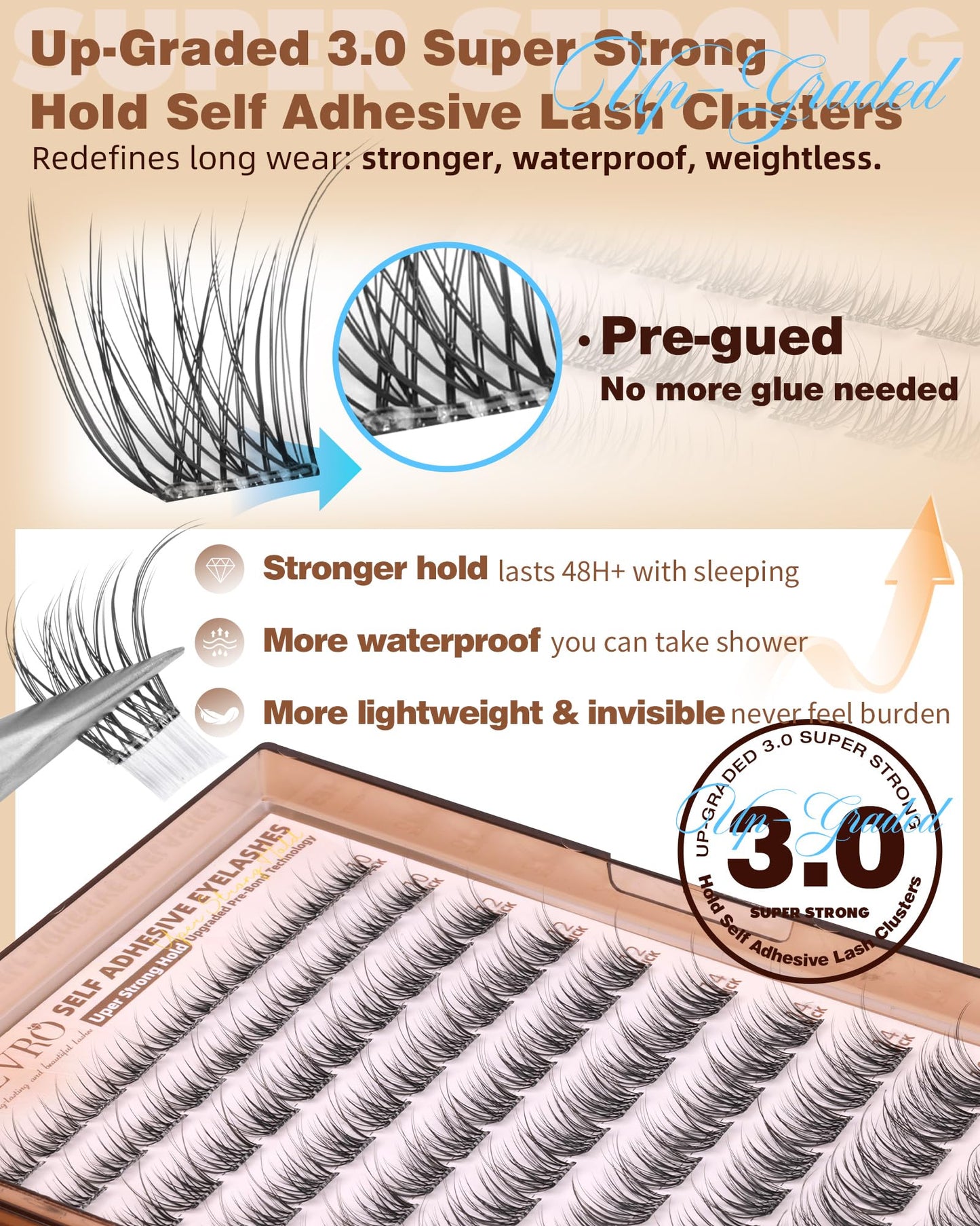 EYDEVRO Natural Self Adhesive Eyelashes Wispy Self Adhesive Lash Clusters No Glue Needed Eyelash Clusters Pre-glued Individual Lashes Up-graded 3.0 Self Adheisive Strip Strong Hold for 48+ Hours