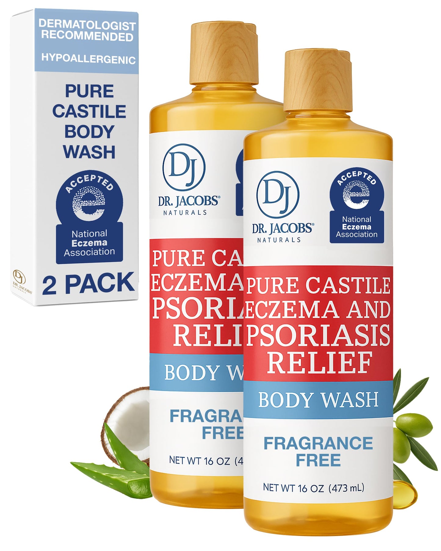 Dr. Jacobs Naturals Hypoallergenic Castile Soap, Dermatologist Tested Unscented Soap for Eczema & Psoriasis Relief - Sensitive Skin Body Wash Vegan & Gluten-Free Formula for All-Day Hydration 16oz-2PK