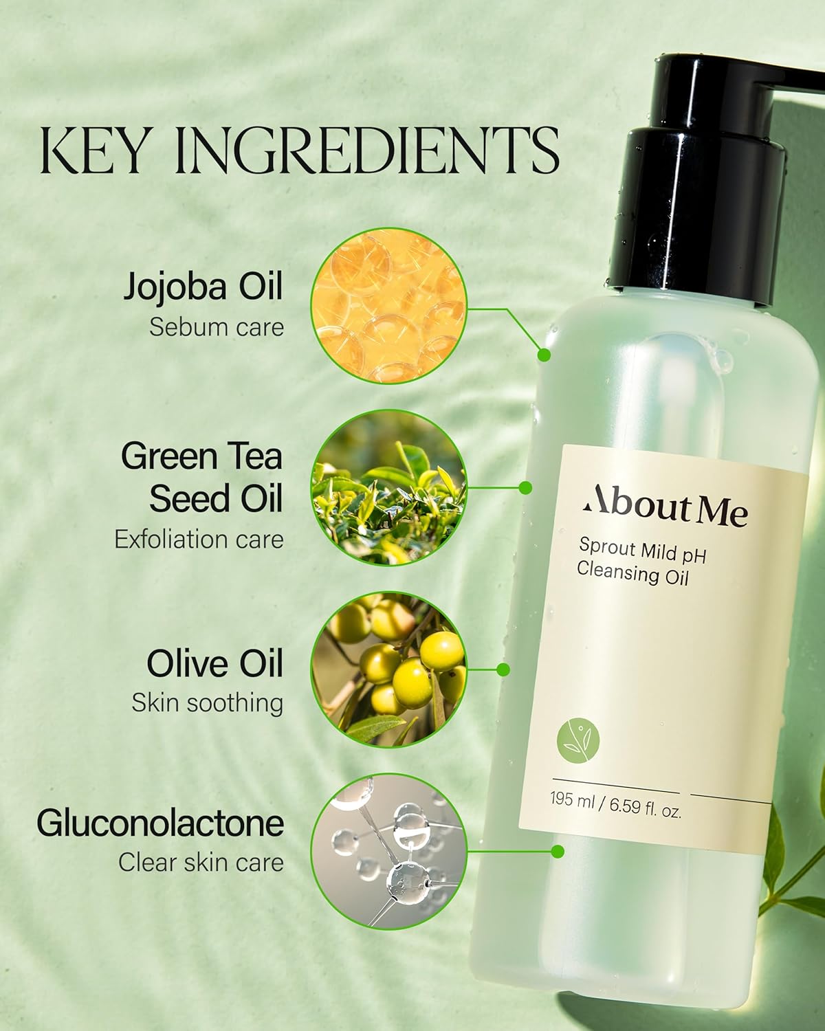 About Me Sprout Mild pH Cleansing Oil | Korean Oil Cleanser for Sensitive Skin - Daily PHA Exfoliation with Wheat & Broccoli Sprout - 6.59oz, 195ml