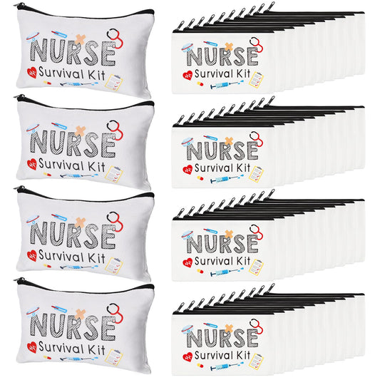 Abbylike 50 Pieces Nurse Gift Bag Survival Kit Makeup Bags Canvas Multi Purpose Zipper Pouch Funny Travel Bag for Birthday Nurse Week Practitioner Gifts for Women, 7.09 x 4.33 Inch(White)